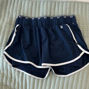 Sweaty Betty Dark Blue Athletic Shorts with White Trim doubled lined